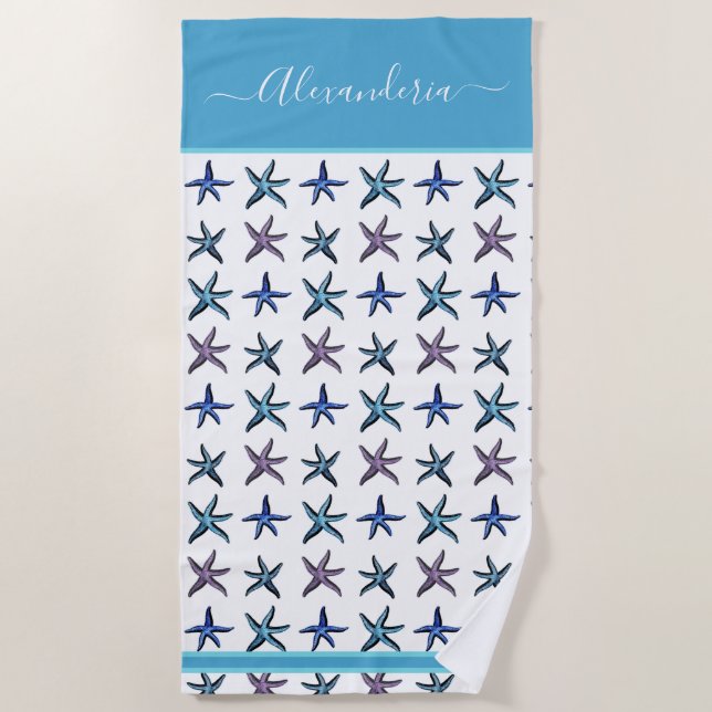 Coastal Teal  aqua blue purple starfish  Beach Towel (Front)