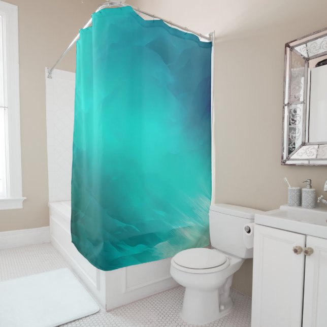Coastal Teal Blue Aqua White Watercolor Abstract   Shower Curtain (In Situ)