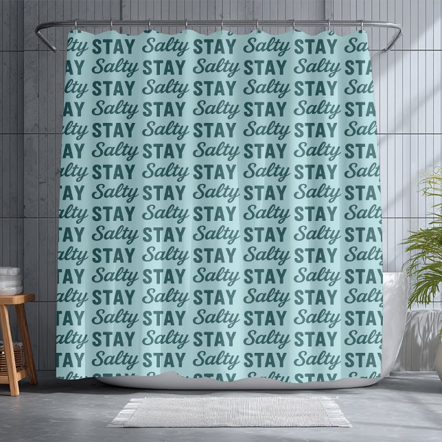 Coastal Teal Blue Stay Salty Graphic Beach Decor  Shower Curtain (Creator Uploaded)