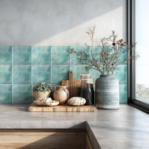 Coastal Teal Blue Watercolor Backsplash Tile