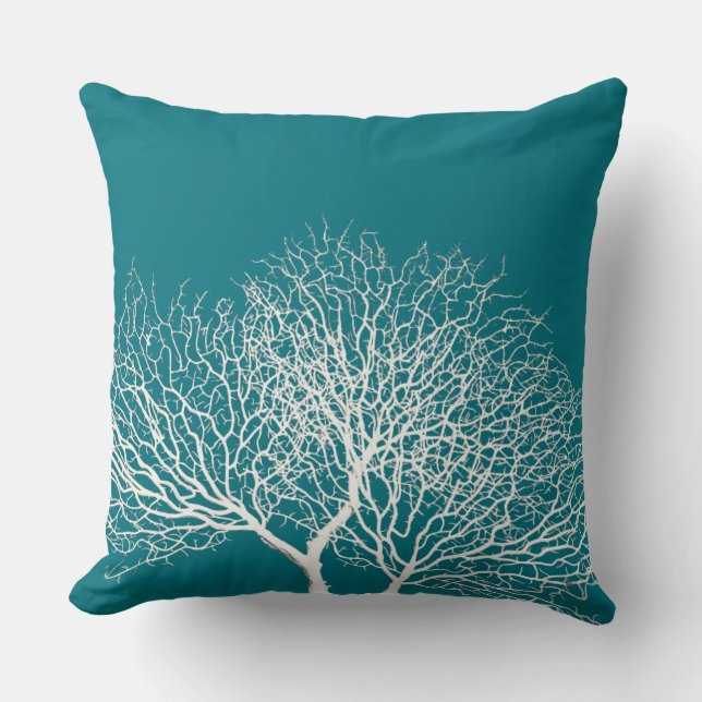 Coastal Teal Blue White Sea Tree Coral  Beach Cushion (Front)