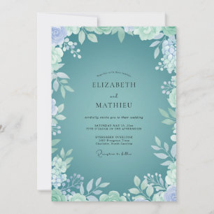 Coastal Teal Mint Leafy Wedding Invitation