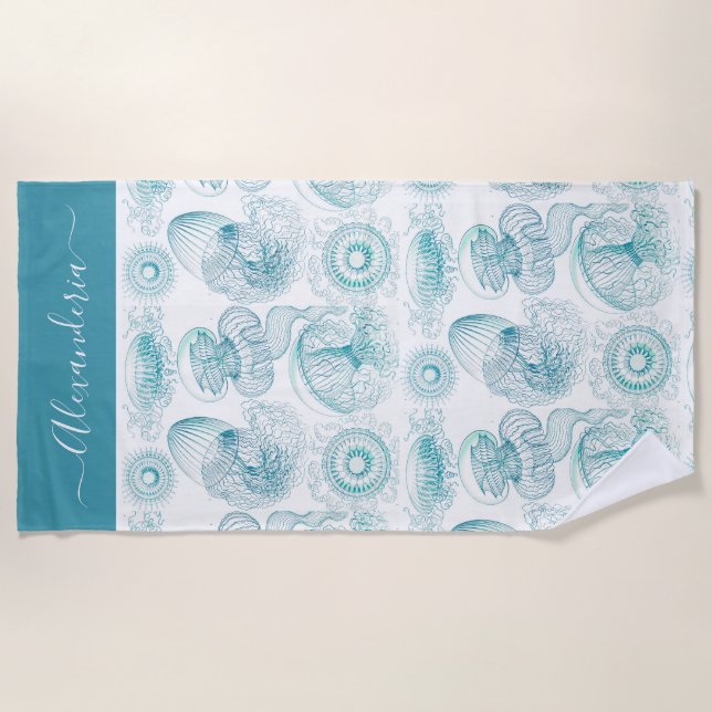Coastal Teal turquoise aqua jellyfish sea life Beach Towel (Front)