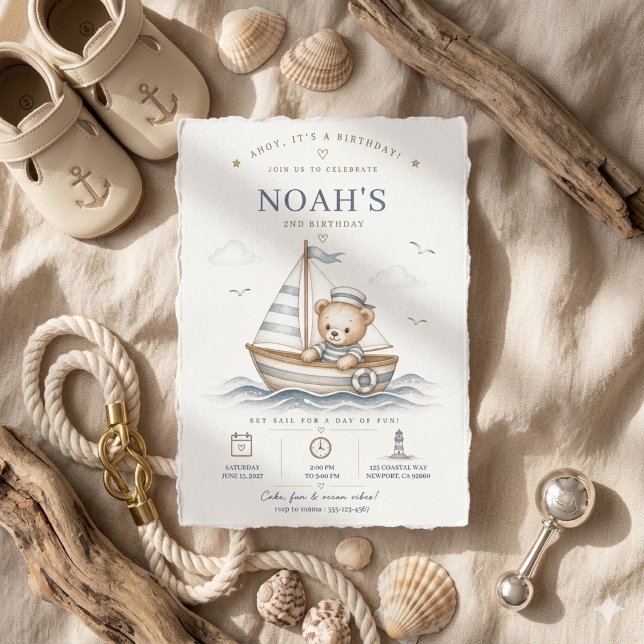 Coastal Teddy Bear Nautical Birthday Invitation (Creator Uploaded)