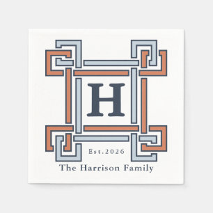 Coastal Terracotta Sky Blue Monogram Family Name Napkin