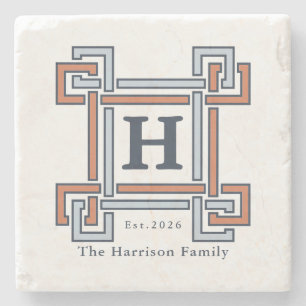 Coastal Terracotta Sky Blue Monogram Family Name Stone Coaster