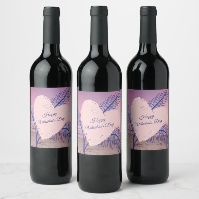 Coastal Theme Pastel Valentine Pink Sunset Beach Wine Label (Bottles)