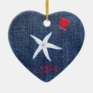 Coastal Theme Valentine's Day Red Heart & Starfish Ceramic Tree Decoration