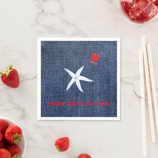 Coastal Theme Valentine's Day Red Heart & Starfish Napkin (Insitu)