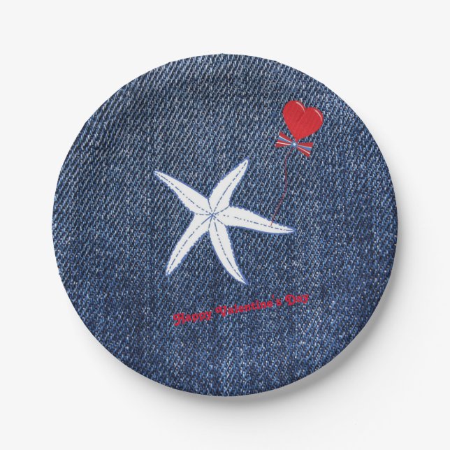 Coastal Theme Valentine's Day Red Heart & Starfish Paper Plate (Front)