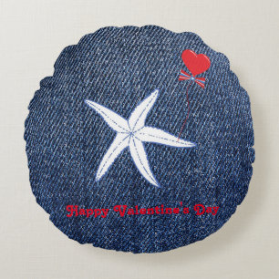 Coastal Theme Valentine's Day Red Heart & Starfish Round Cushion