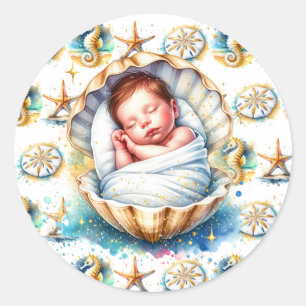 Coastal Themed Beachy Boy's Baby Shower Classic Round Sticker