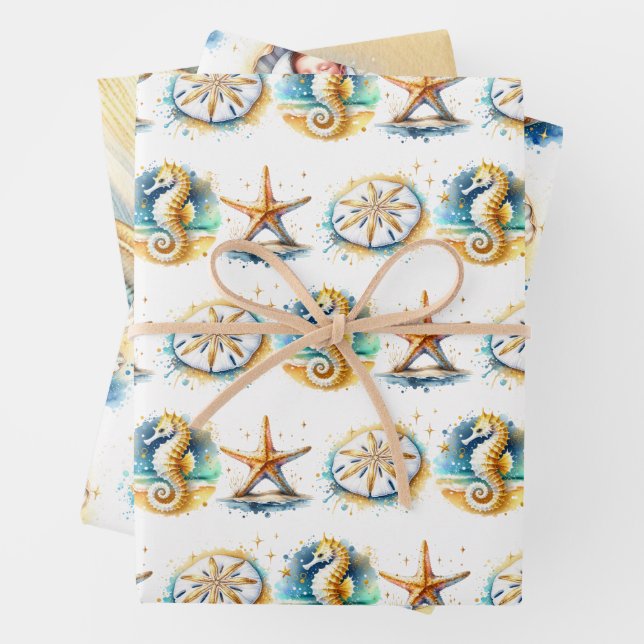 Coastal Themed Beachy Boy's Baby Shower Wrapping Paper Sheet (In situ)