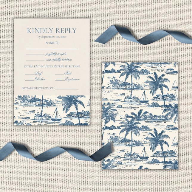 Coastal Toile Classic Script Dusty Blue  RSVP Card (Coastal Toile Classic Script Dusty Blue RSVP Card)