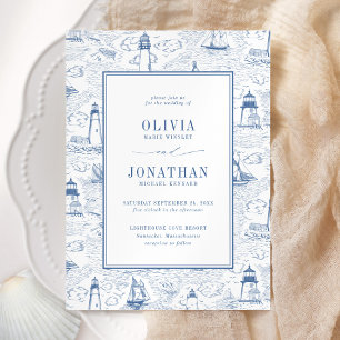 Coastal Toile Lighthouse Blue Wedding Invitation
