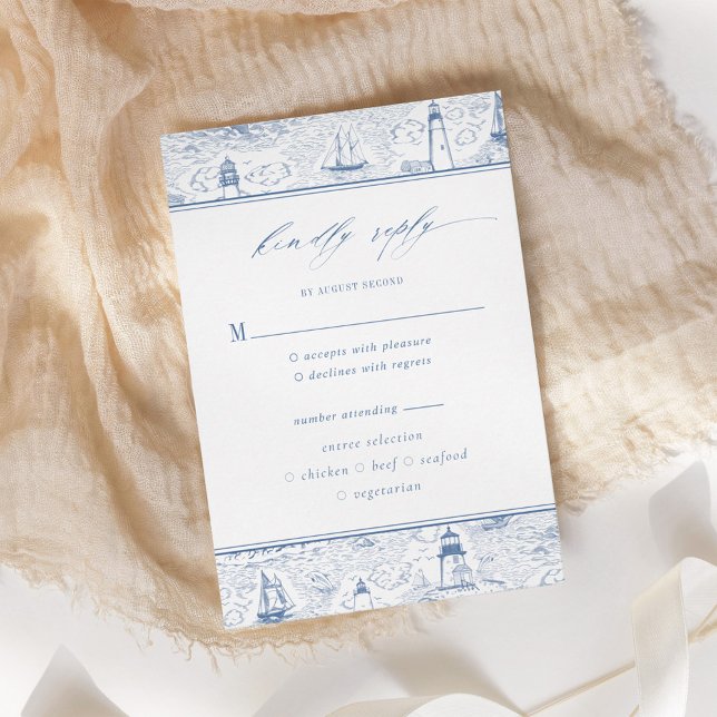 Coastal Toile Lighthouse Blue Wedding RSVP Card (Creator Uploaded)
