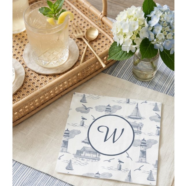 Coastal Toile Monogram | Preppy Nautical  Napkin (Display photo produced by AI)