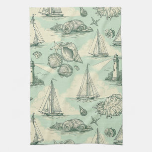 Coastal Toile with Lighthouses, Sailboats Tea Towel