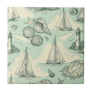 Coastal Toile with Lighthouses, Sailboats Tile