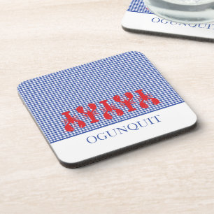 Coastal Town Name Red Lobsters Blue White Check Coaster