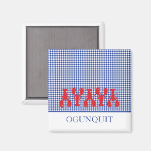 Coastal Town Name Red Lobsters Blue White Check Magnet