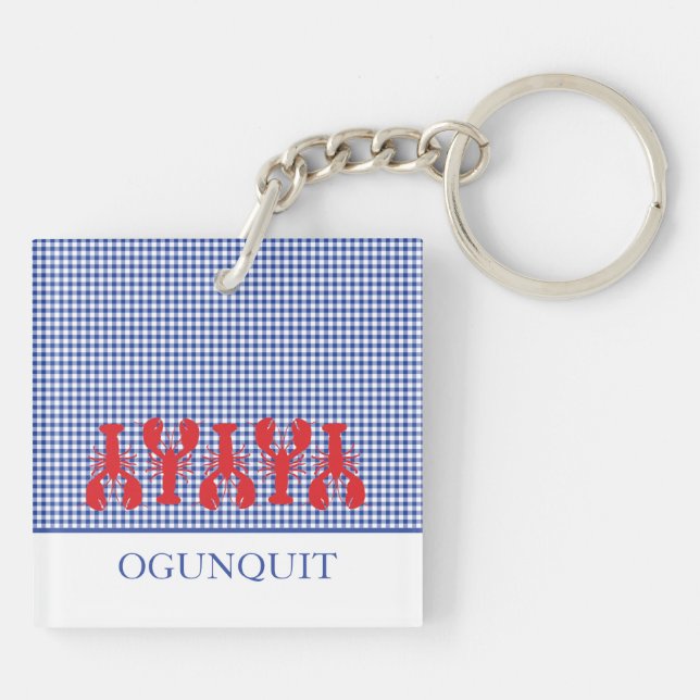 Coastal Town NAME Red Lobsters Blue White Gingham Key Ring (Back)