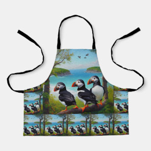 Coastal Trio: Three Puffins at the Beach in Oils Apron
