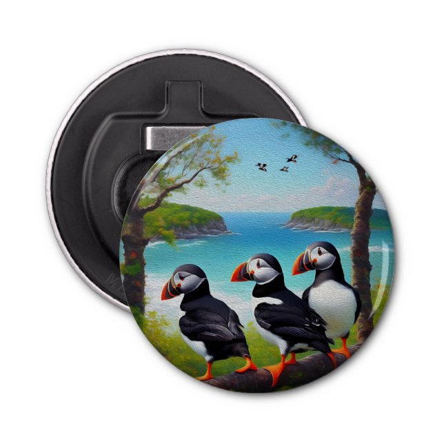 Coastal Trio: Three Puffins at the Beach in Oils Bottle Opener (Front)