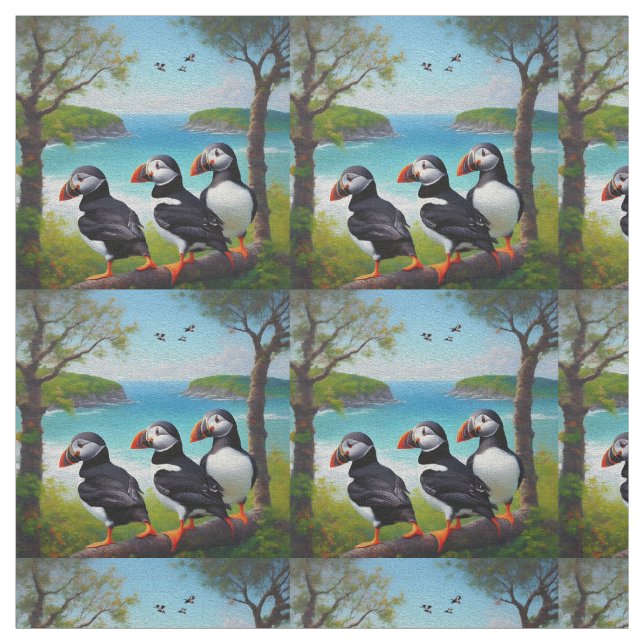 Coastal Trio: Three Puffins at the Beach in Oils Fabric (Swatch)