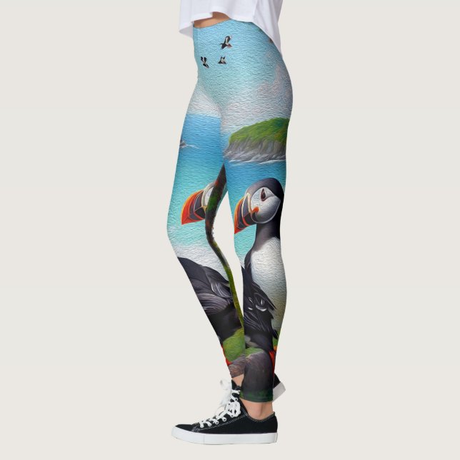 Coastal Trio: Three Puffins at the Beach in Oils Leggings (Left)