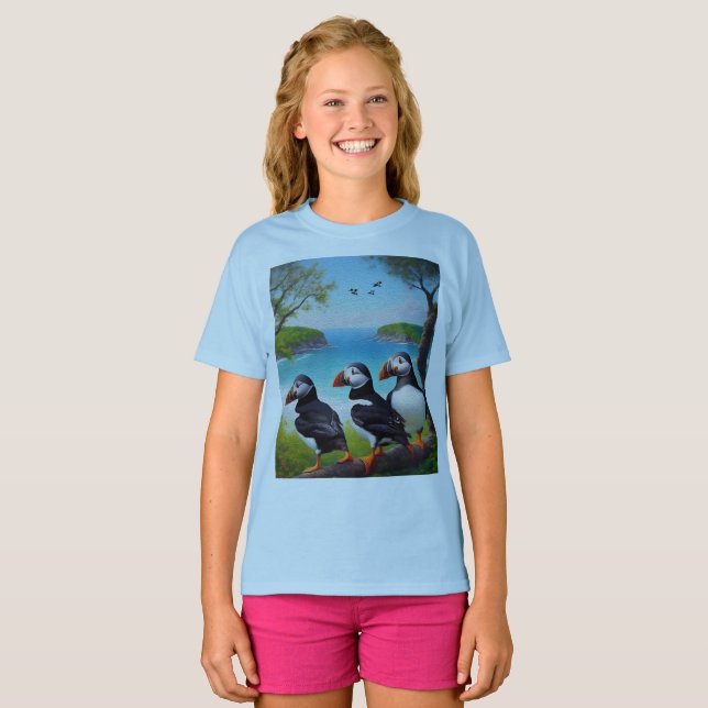 Coastal Trio: Three Puffins at the Beach in Oils T-Shirt (Front Full)