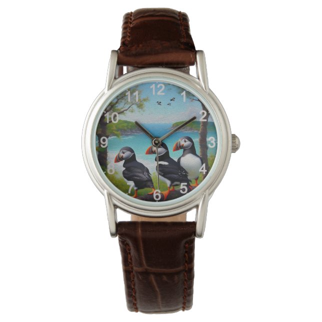 Coastal Trio: Three Puffins at the Beach in Oils Watch (Front)