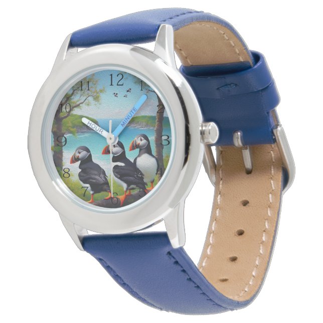 Coastal Trio: Three Puffins at the Beach in Oils Watch (Angled)