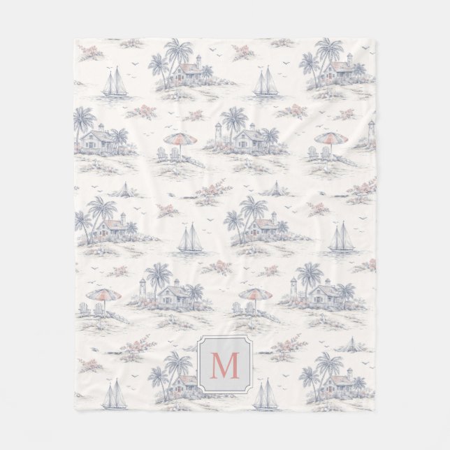 Coastal Tropical French Toile Name Fleece Blanket (Front)