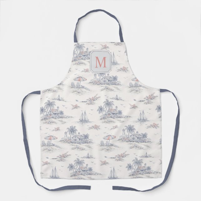 Coastal Tropical French Toile Pattern Custom Name Apron (Front)