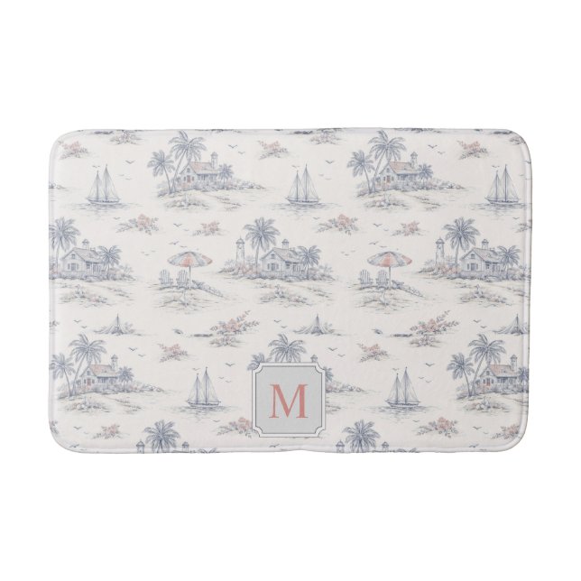 Coastal Tropical French Toile Pattern Monogram Bath Mat (Front)