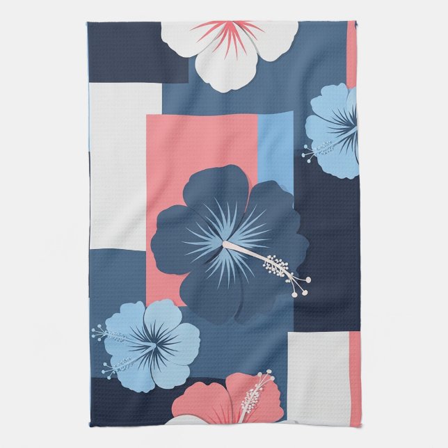 Coastal Tropical Hibiscus Pattern (11) Tea Towel (Vertical)