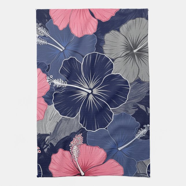Coastal Tropical Hibiscus Pattern (2) Tea Towel (Vertical)