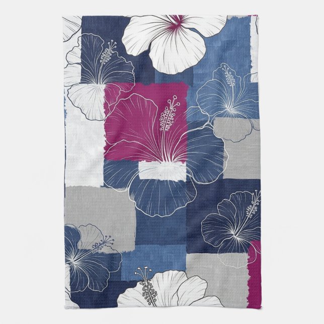 Coastal Tropical Hibiscus Pattern (5) Tea Towel (Vertical)