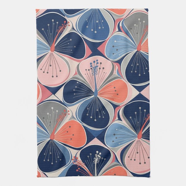 Coastal Tropical Hibiscus Pattern (7) Tea Towel (Vertical)