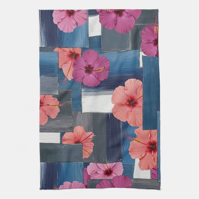 Coastal Tropical Hibiscus Pattern (9) Tea Towel (Vertical)