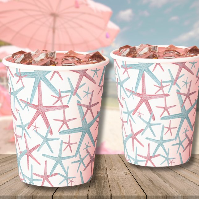 Coastal Tropical Summer Beach Pattern Paper Cups (Teal Pink Coastal Tropical Starfish Summer Beach Paper Cups)