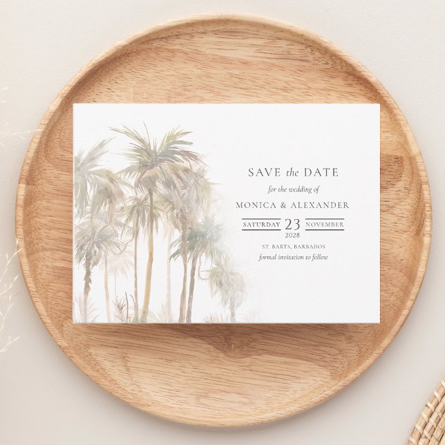 Coastal Tropical Trees Save The Date (Watercolor Palm Tree Tropical Save the Date Wedding Announcement)