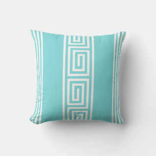 coastal turquoise and white greek key stripes cushion