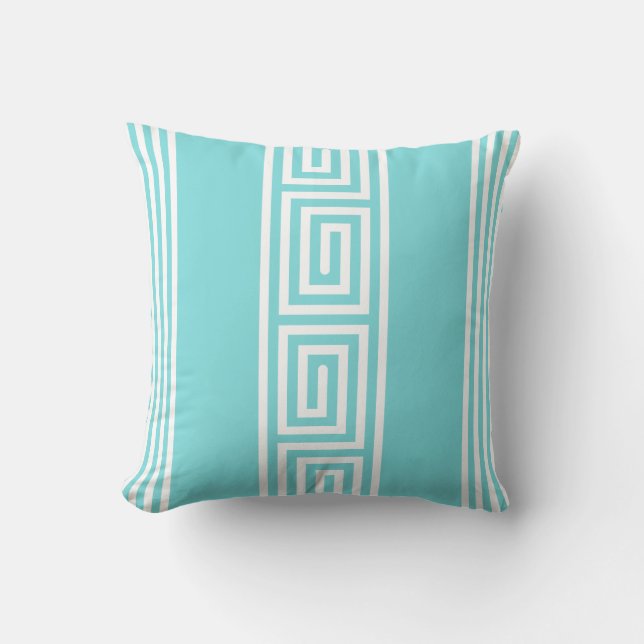 coastal turquoise and white greek key stripes cushion (Front)