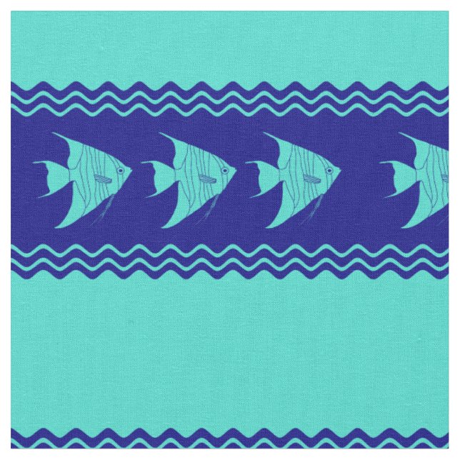 Coastal Turquoise Blue Angelfish Stripe Fabric (Close Up)