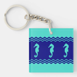 Coastal Turquoise Blue Ocean Seahorses Key Ring