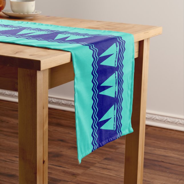 Coastal Turquoise Blue Sailboat Pattern Nautical Medium Table Runner (In Situ)