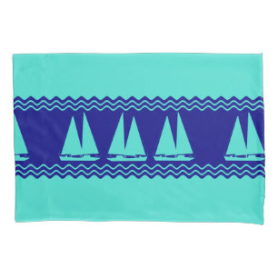 Coastal Turquoise Blue Sailboat Pattern Nautical Pillowcase