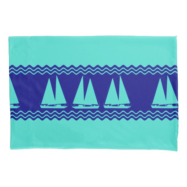Coastal Turquoise Blue Sailboat Pattern Nautical Pillowcase (Front)